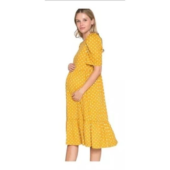 Querencia Maternity Dress Women Small Tier Yellow Polka Dot Midi Balloon Sleeves - Picture 1 of 9